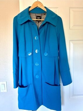 Ted Baker Blue Coat Jacket Size 4 Wool Blend Statement Collar Trench Peacoat